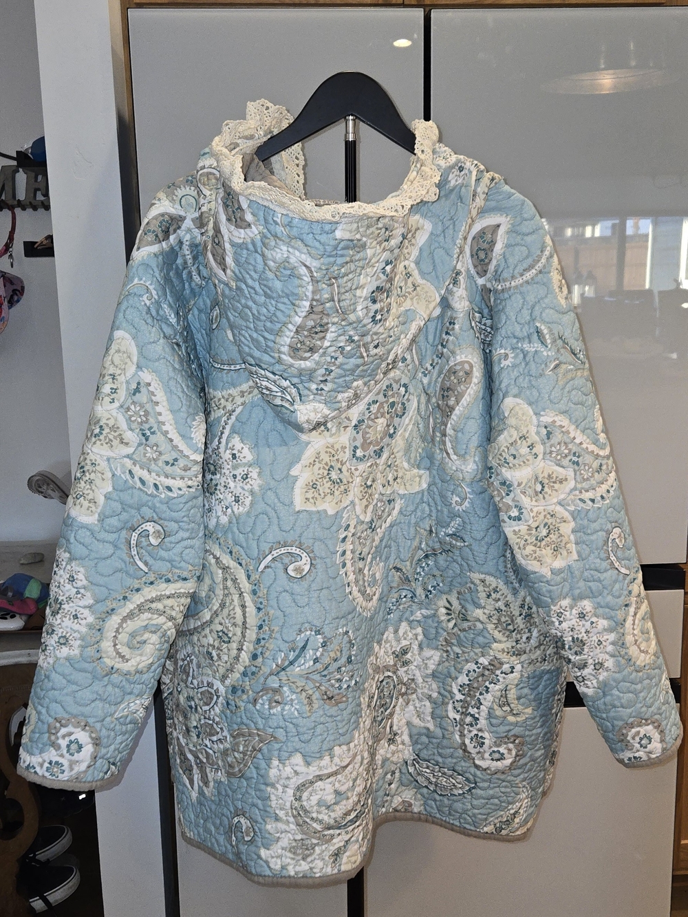 2Handmade Paisley Quilted Jacket in Blue & Cream With Hood And Lace Details.